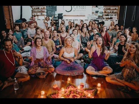 Kirtan circle in Bali with young people chanting together